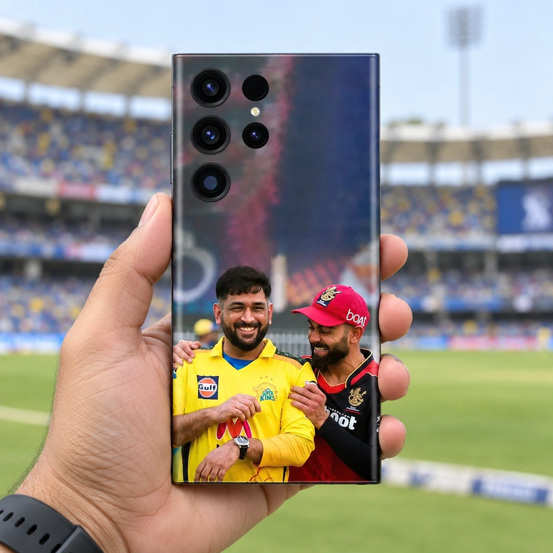 Dhoni and Virat Kohli Photo Mobile Skin - Stadium hand-held view Dhoni and Virat Kohli smiling in yellow and red cricket jerseys on a mobile skin, stadium hand-held view
