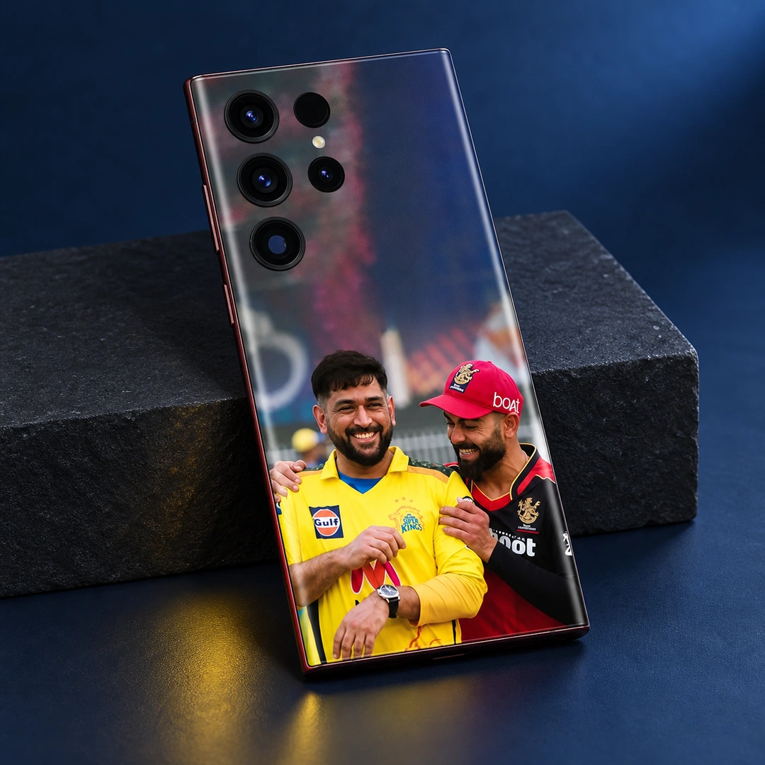 Dhoni and Virat Kohli Photo Mobile Skin - Slate studio detail Dhoni and Virat Kohli smiling in yellow and red cricket jerseys on a mobile skin, slate studio detail