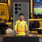MS Dhoni yellow jersey portrait mobile skin in cricket lounge hero setting