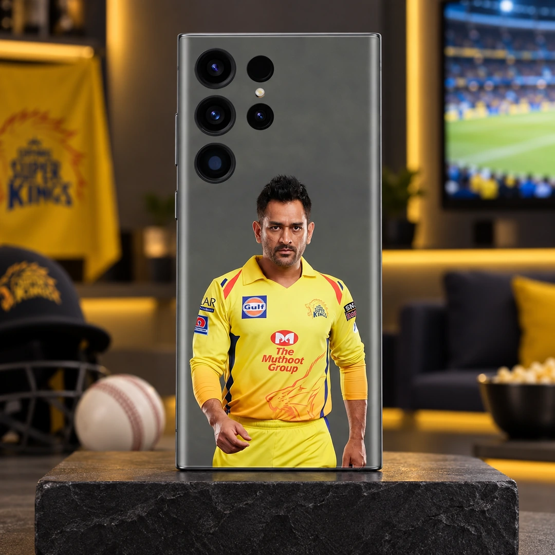 MS Dhoni Photo Mobile Skin – Cricket lounge hero MS Dhoni yellow jersey portrait mobile skin in cricket lounge hero setting