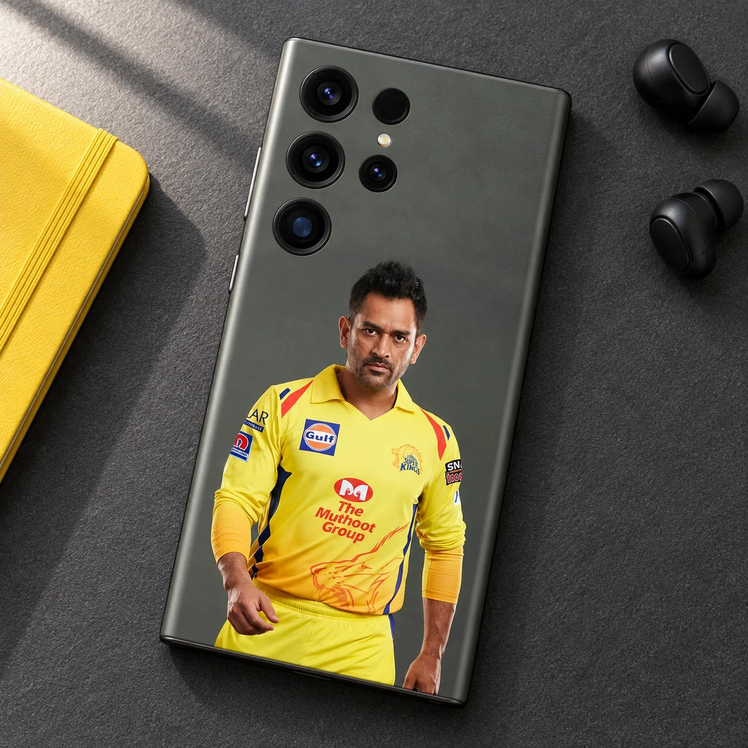 MS Dhoni Photo Mobile Skin – Charcoal desk flat lay MS Dhoni yellow jersey portrait mobile skin in charcoal desk flat lay setting