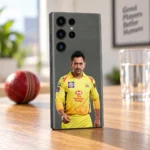 MS Dhoni yellow jersey portrait mobile skin in oak table angle setting