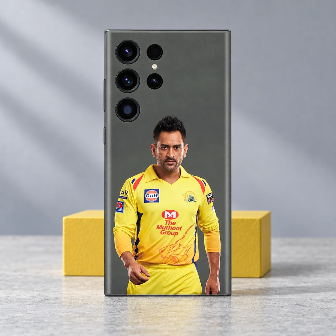 MS Dhoni Photo Mobile Skin – Yellow block studio MS Dhoni yellow jersey portrait mobile skin in yellow block studio setting