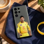 MS Dhoni yellow jersey portrait mobile skin in cafe lifestyle setting