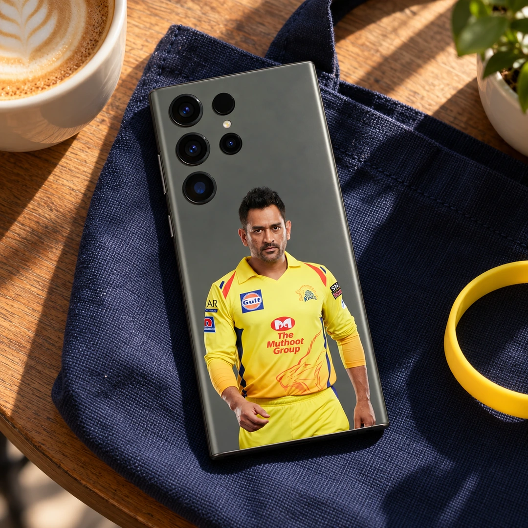MS Dhoni Photo Mobile Skin – Cafe lifestyle MS Dhoni yellow jersey portrait mobile skin in cafe lifestyle setting