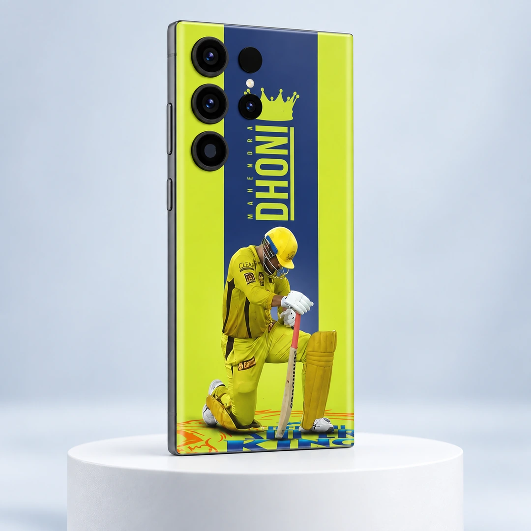 Dhoni Yellow Jersey Crown Mobile Skin - clean light studio Yellow Dhoni photo mobile skin with crown, vertical MAHENDRA DHONI lettering and kneeling cricketer, clean light studio