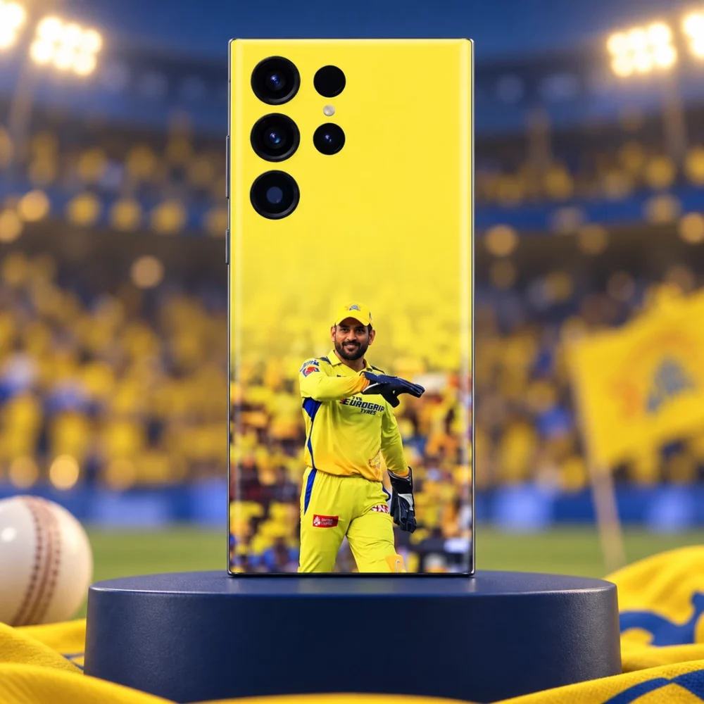 Yellow Dhoni photo mobile skin with wicketkeeping gloves, stadium pedestal hero