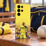 Yellow Dhoni photo mobile skin with wicketkeeping gloves, clubhouse bench angle