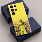 Yellow Dhoni photo mobile skin with wicketkeeping gloves, navy block studio detail