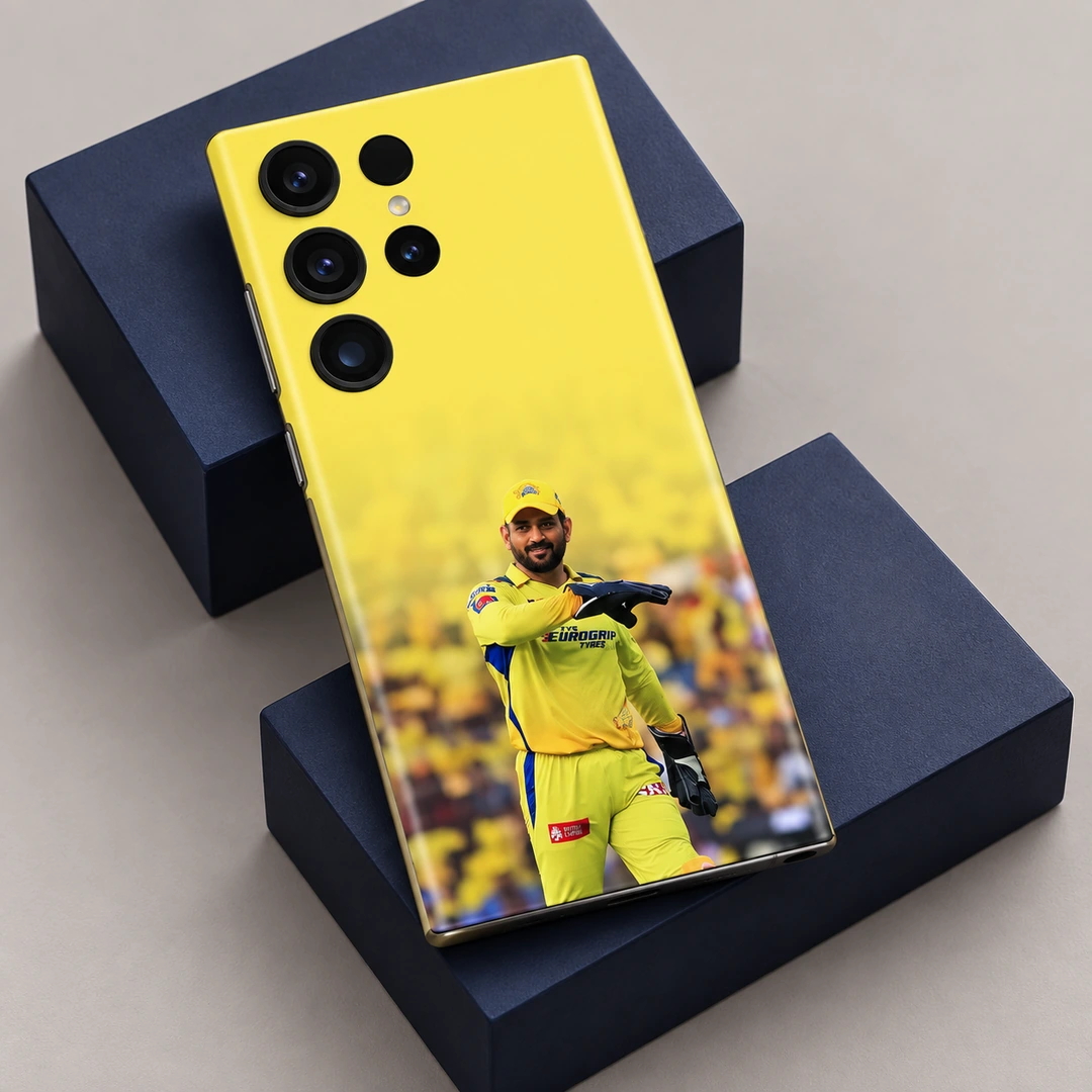 Dhoni Yellow Wicketkeeper Mobile Skin - Navy Block Studio Detail Yellow Dhoni photo mobile skin with wicketkeeping gloves, navy block studio detail