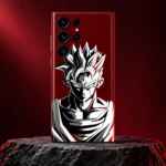 Goku mobile skin with black and white portrait on burgundy, burgundy studio hero