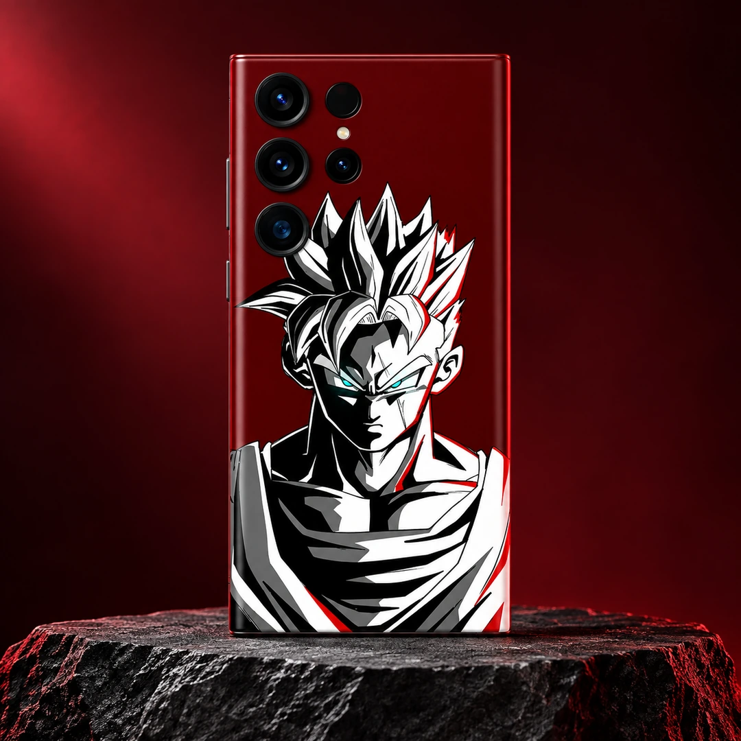 Goku Burgundy Portrait Mobile Skin - burgundy studio hero Goku mobile skin with black and white portrait on burgundy, burgundy studio hero