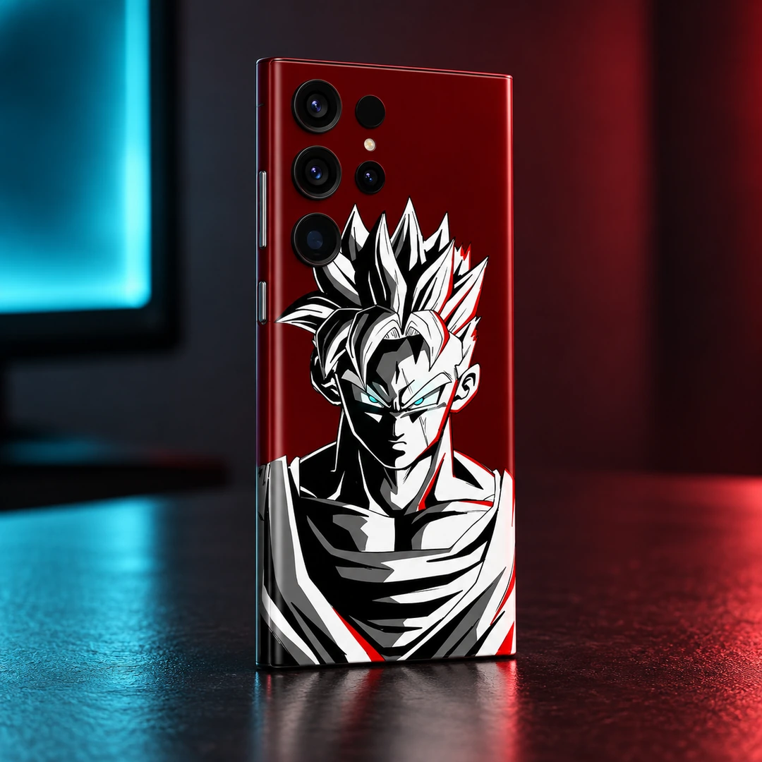 Goku Burgundy Portrait Mobile Skin - cyan and red desk angle Goku mobile skin with black and white portrait on burgundy, cyan and red desk angle