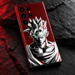 Goku mobile skin with black and white portrait on burgundy, red-lit slate detail view