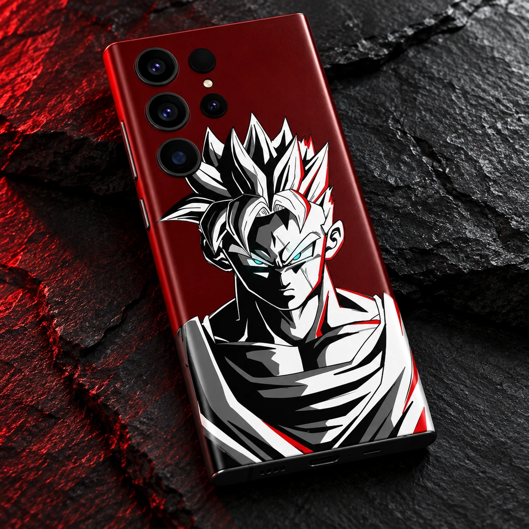 Goku Burgundy Portrait Mobile Skin - red-lit slate detail view Goku mobile skin with black and white portrait on burgundy, red-lit slate detail view
