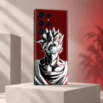 Goku mobile skin with black and white portrait on burgundy, daylight pedestal view
