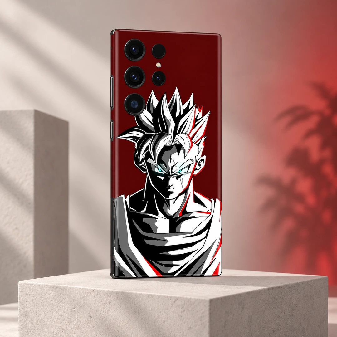 Goku Burgundy Portrait Mobile Skin - daylight pedestal view Goku mobile skin with black and white portrait on burgundy, daylight pedestal view