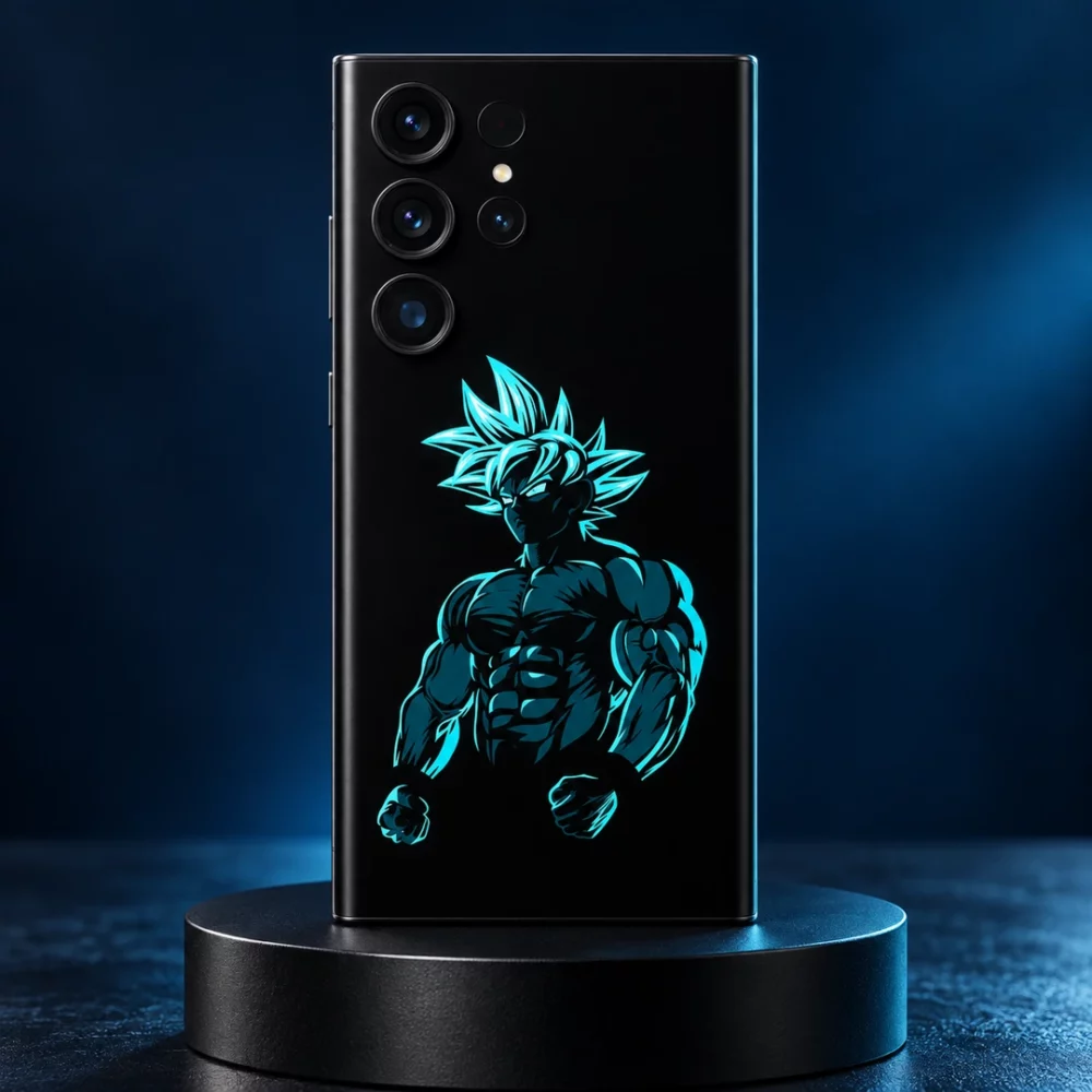 Goku mobile skin with cyan spiky-haired silhouette and clenched fists on black, cyan studio hero