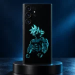 Goku mobile skin with cyan spiky-haired silhouette and clenched fists on black, cyan studio hero