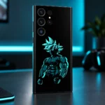 Goku mobile skin with cyan spiky-haired silhouette and clenched fists on black, gaming desk angle
