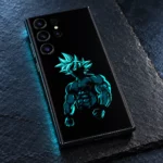 Goku mobile skin with cyan spiky-haired silhouette and clenched fists on black, slate detail view