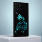 Goku mobile skin with cyan spiky-haired silhouette and clenched fists on black, pale studio pedestal view