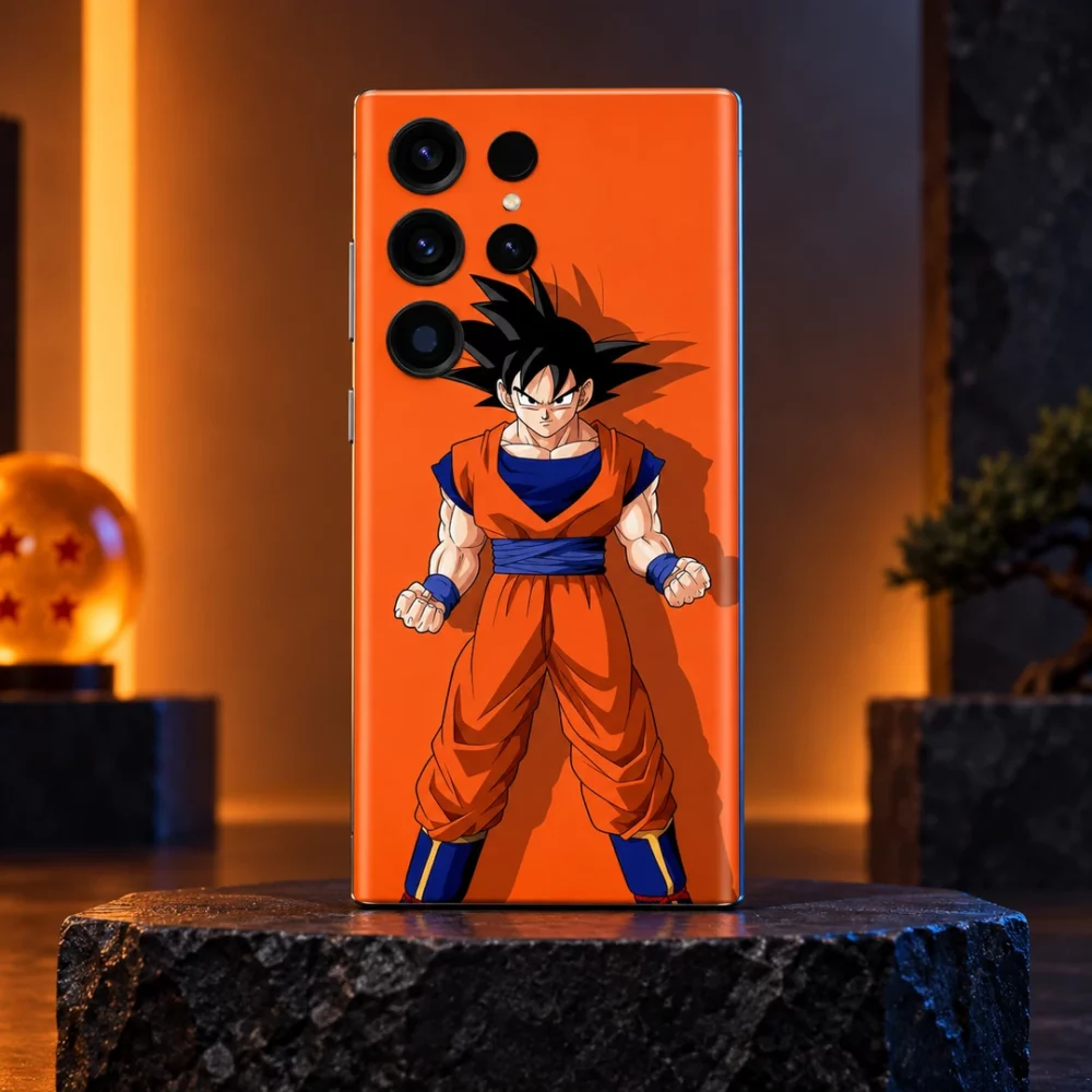 Orange Goku mobile skin with black-haired character artwork, amber studio hero