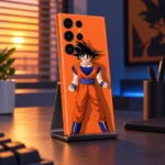 Orange Goku mobile skin with black-haired character artwork, sunset desk angle