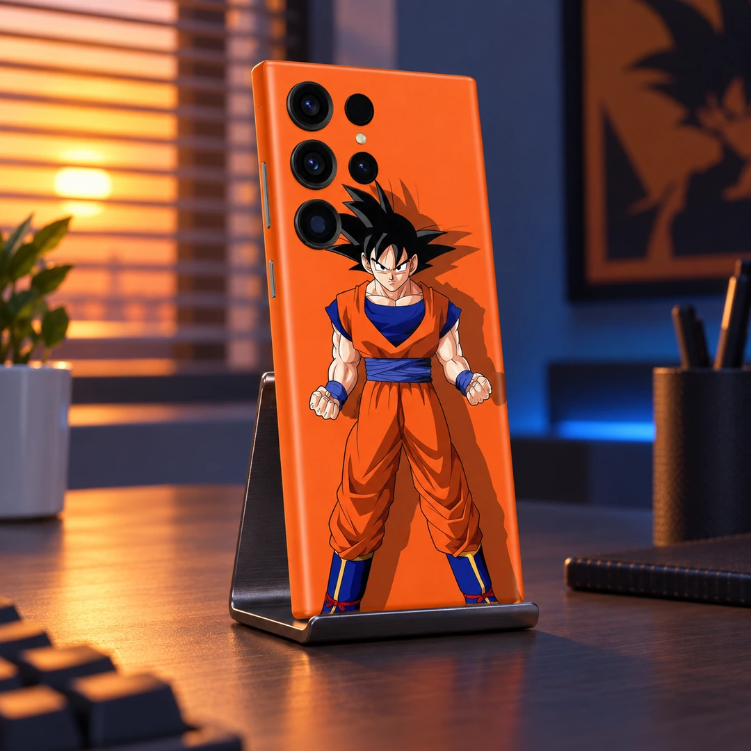 Goku Orange Shadow Mobile Skin - Sunset Desk Angle Orange Goku mobile skin with black-haired character artwork, sunset desk angle