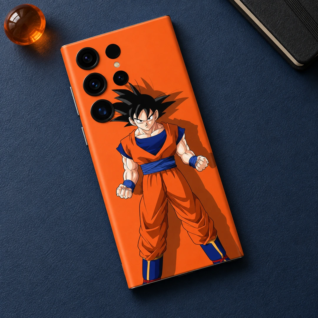 Goku Orange Shadow Mobile Skin - Navy Flat Lay Orange Goku mobile skin with black-haired character artwork, navy flat lay