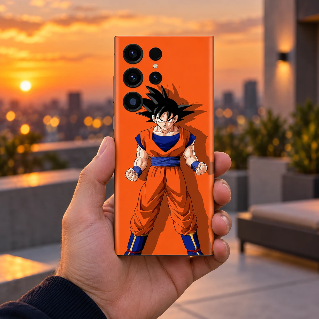 Goku Orange Shadow Mobile Skin - Sunset Handheld View Orange Goku mobile skin with black-haired character artwork, sunset handheld view