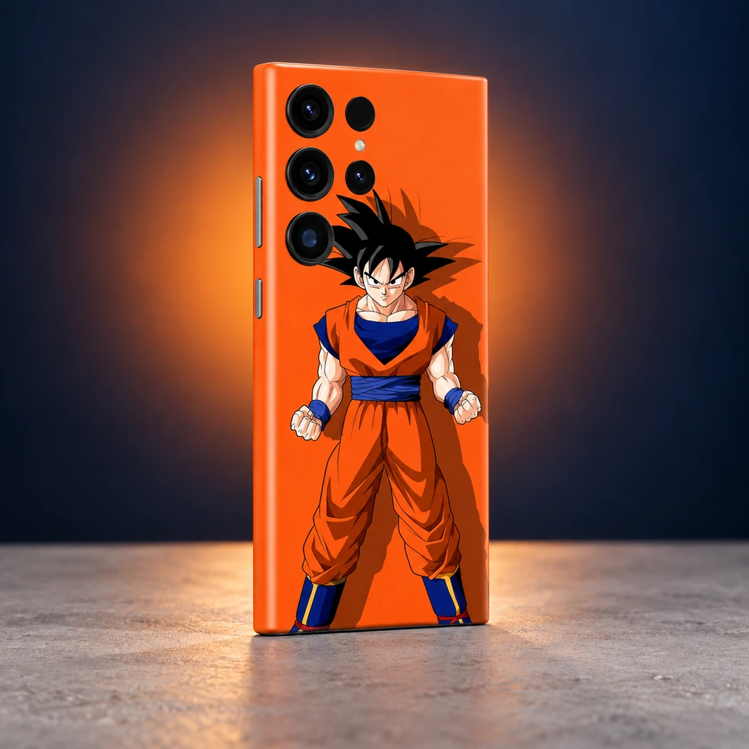 Goku Orange Shadow Mobile Skin - Studio Side Angle Orange Goku mobile skin with black-haired character artwork, studio side angle