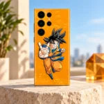 Goku peace sign mobile skin on a golden orange background, sunny loft hero