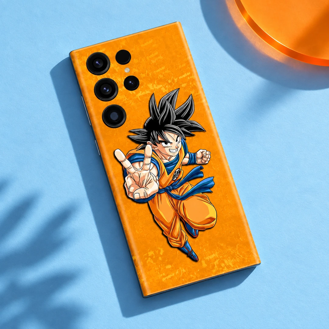 Goku Peace Sign Orange Mobile Skin - Blue Flat Lay Goku peace sign mobile skin on a golden orange background, blue flat lay