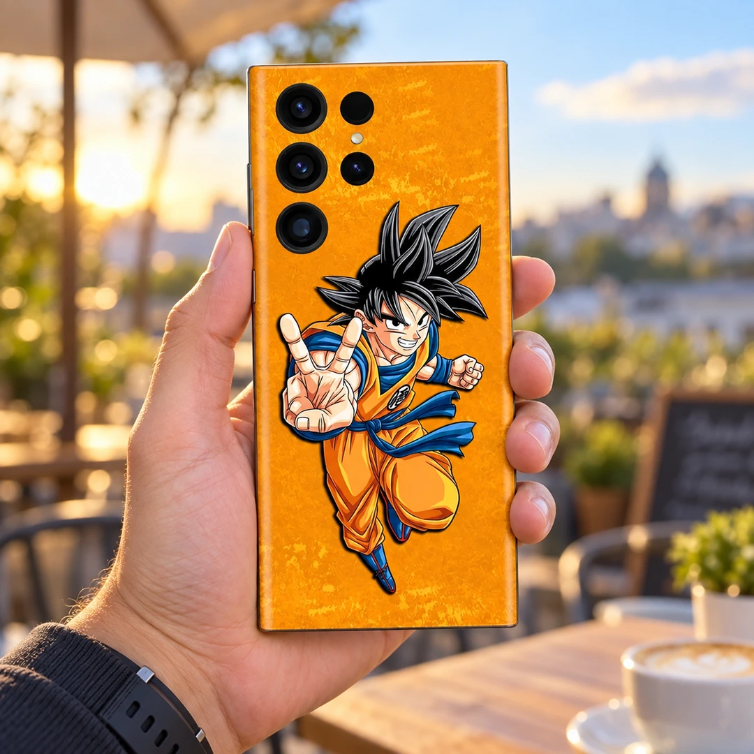 Goku Peace Sign Orange Mobile Skin - Cafe Handheld View Goku peace sign mobile skin on a golden orange background, cafe handheld view