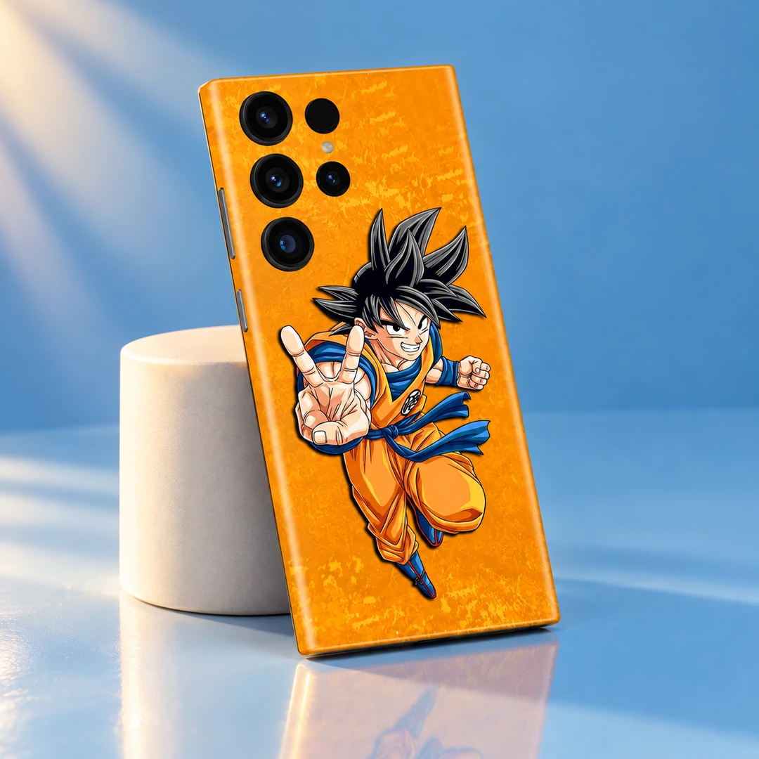 Goku Peace Sign Orange Mobile Skin - Blue Studio Angle Goku peace sign mobile skin on a golden orange background, blue studio angle