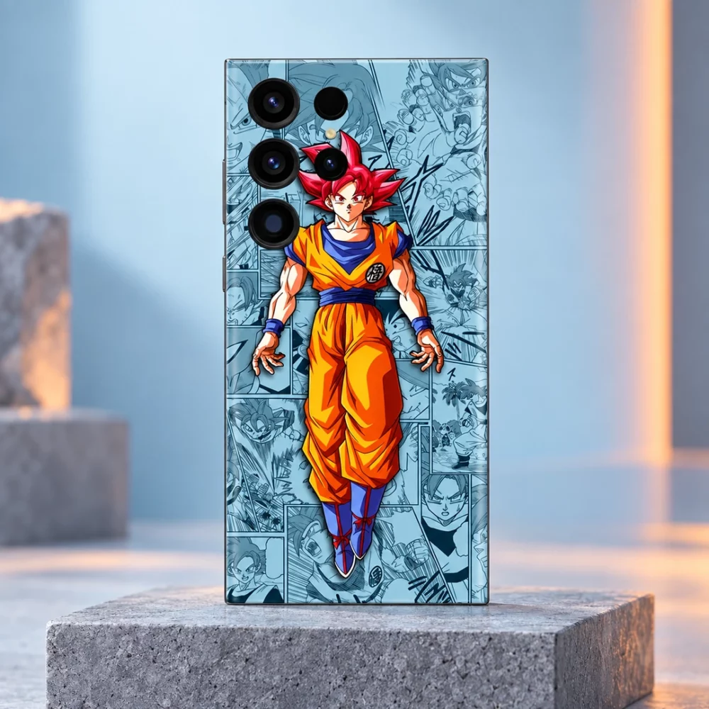Goku red hair manga mobile skin on a grey plinth with pale blue studio background