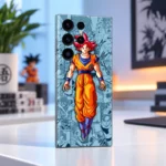 Angled Goku manga phone skin on a modern white desk