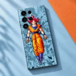 Red-haired Goku mobile skin on blue paper with an orange accent
