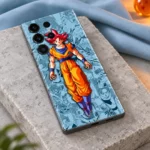 Goku red hair mobile skin lying on pale stone with blue cloth