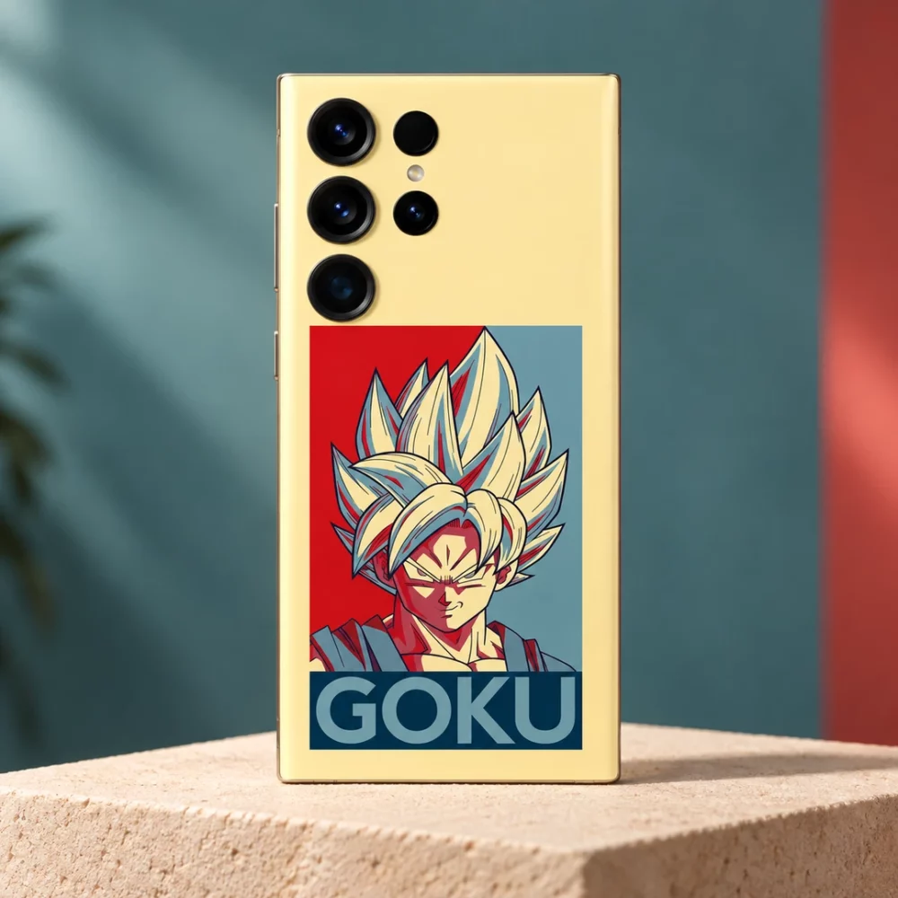 Goku mobile skin with pale yellow background, red and blue portrait and GOKU lettering, teal studio hero