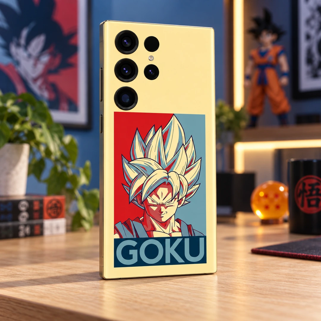 Goku Retro Poster Mobile Skin - oak desk lifestyle angle Goku mobile skin with pale yellow background, red and blue portrait and GOKU lettering, oak desk lifestyle angle