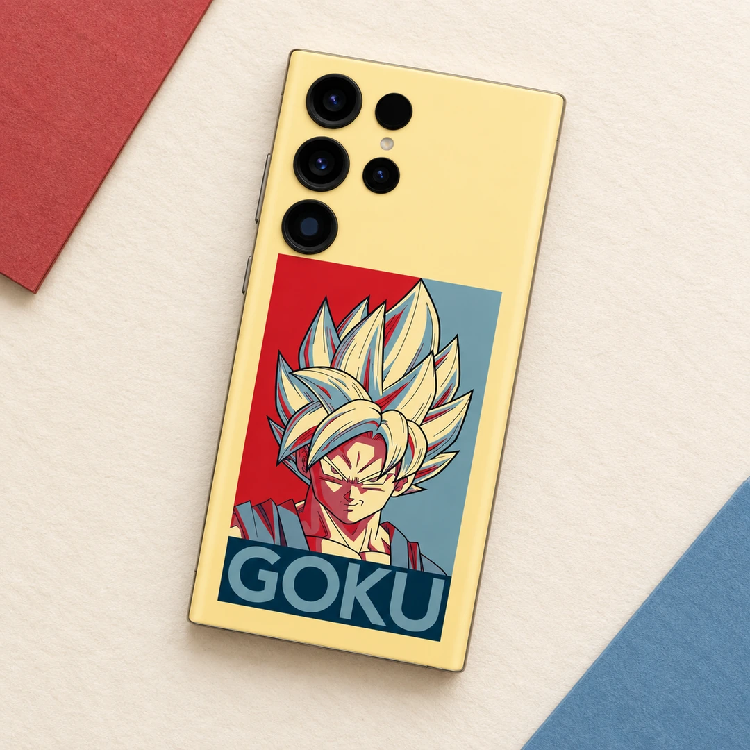 Goku Retro Poster Mobile Skin - cream paper flat lay Goku mobile skin with pale yellow background, red and blue portrait and GOKU lettering, cream paper flat lay