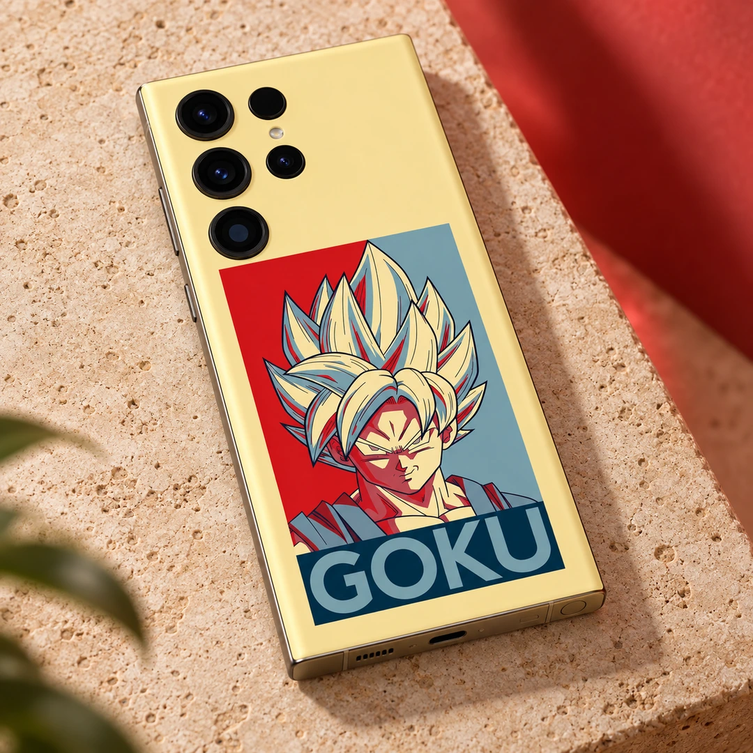 Goku Retro Poster Mobile Skin - travertine detail view Goku mobile skin with pale yellow background, red and blue portrait and GOKU lettering, travertine detail view