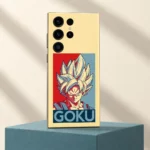 Goku mobile skin with pale yellow background, red and blue portrait and GOKU lettering, teal pedestal view