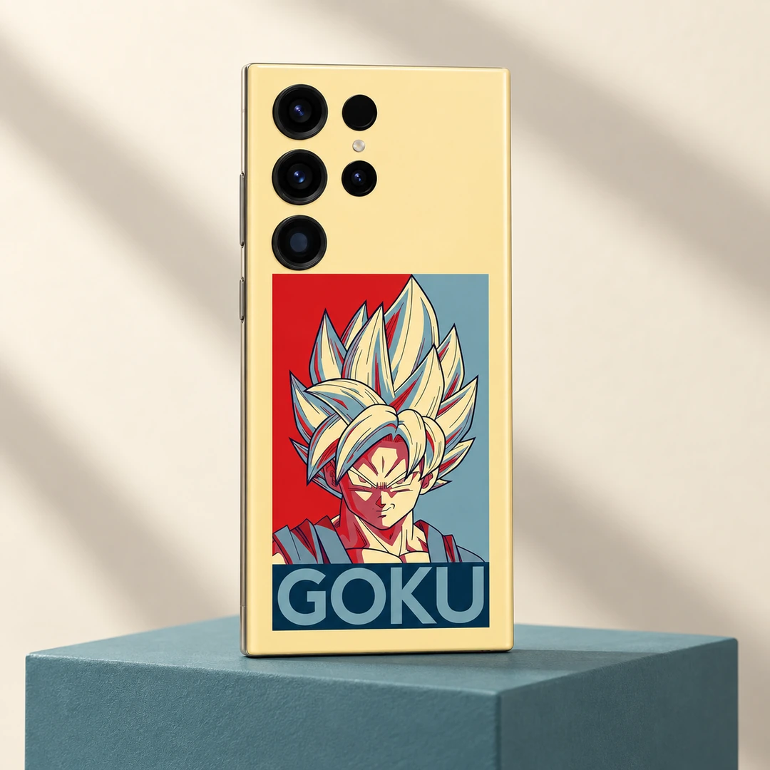 Goku Retro Poster Mobile Skin - teal pedestal view Goku mobile skin with pale yellow background, red and blue portrait and GOKU lettering, teal pedestal view