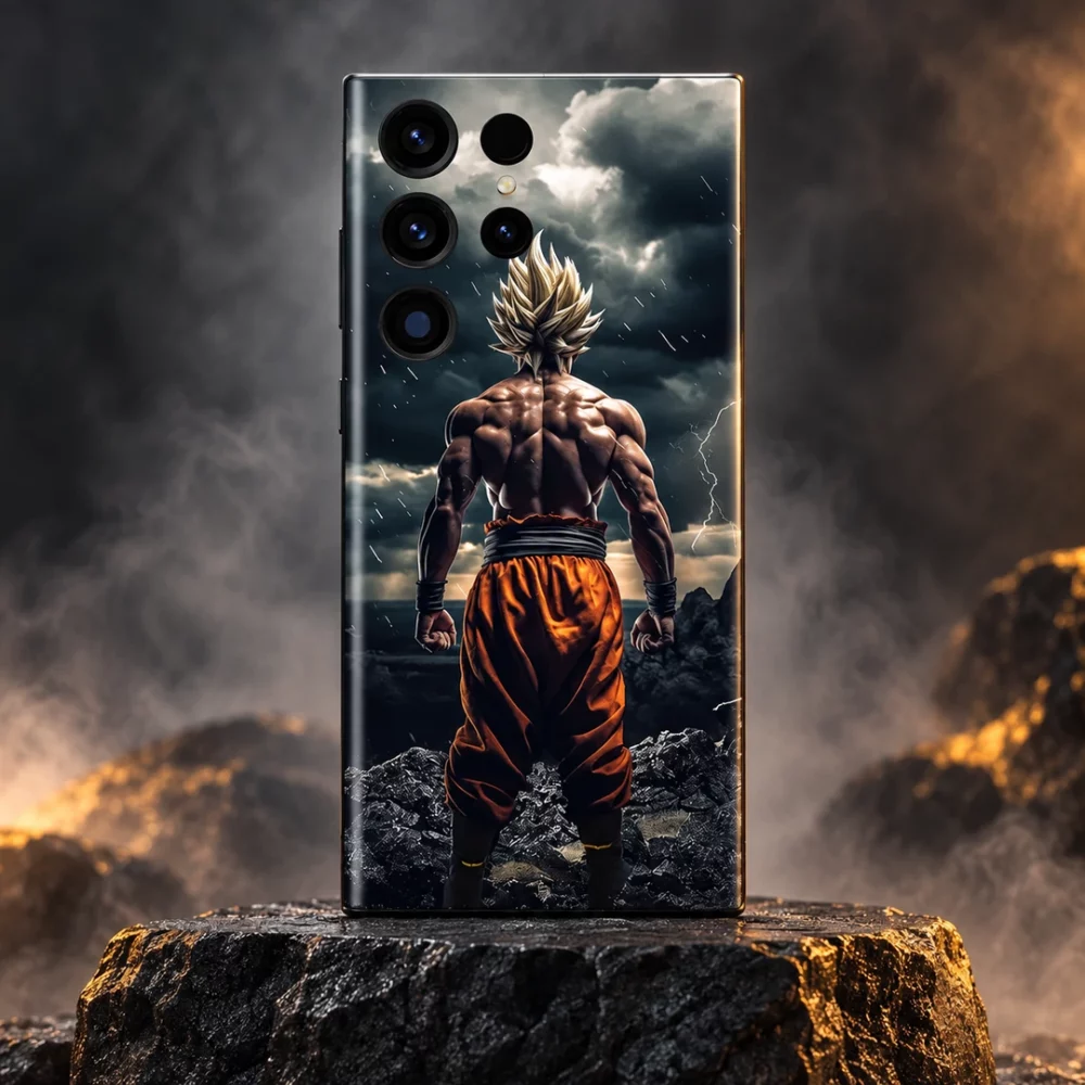 Goku viewed from behind with golden hair and orange trousers in a storm scene, basalt studio hero