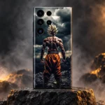 Goku viewed from behind with golden hair and orange trousers in a storm scene, basalt studio hero