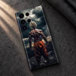 Goku viewed from behind with golden hair and orange trousers in a storm scene, concrete flat lay