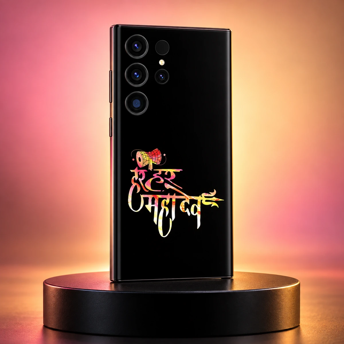 Har Har Mahadev Colourful Damru Mobile Skin - Colour Studio Har Har Mahadev black mobile skin in a peach and pink studio setting